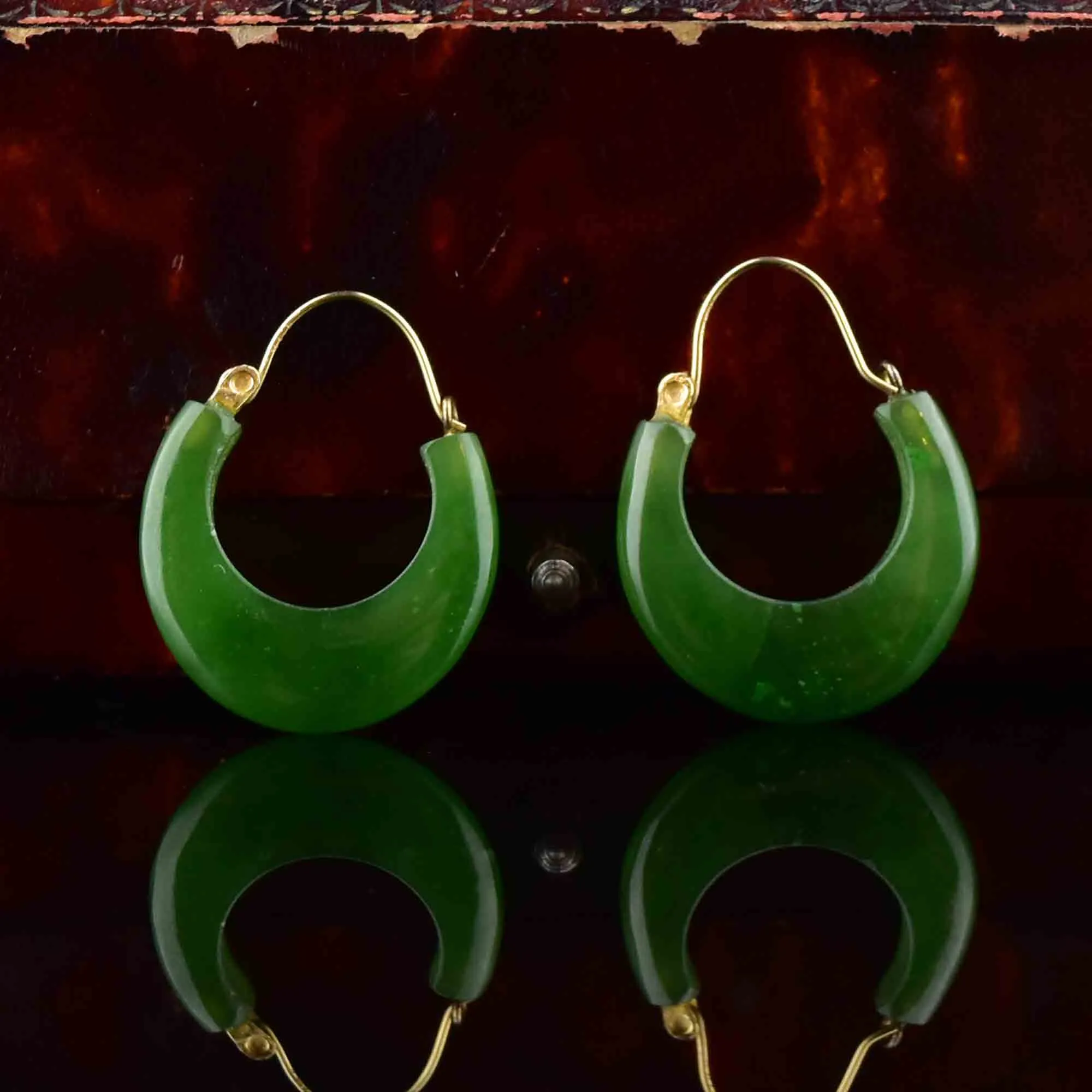 Vintage 14K Gold Carved Jade Hoop Earrings